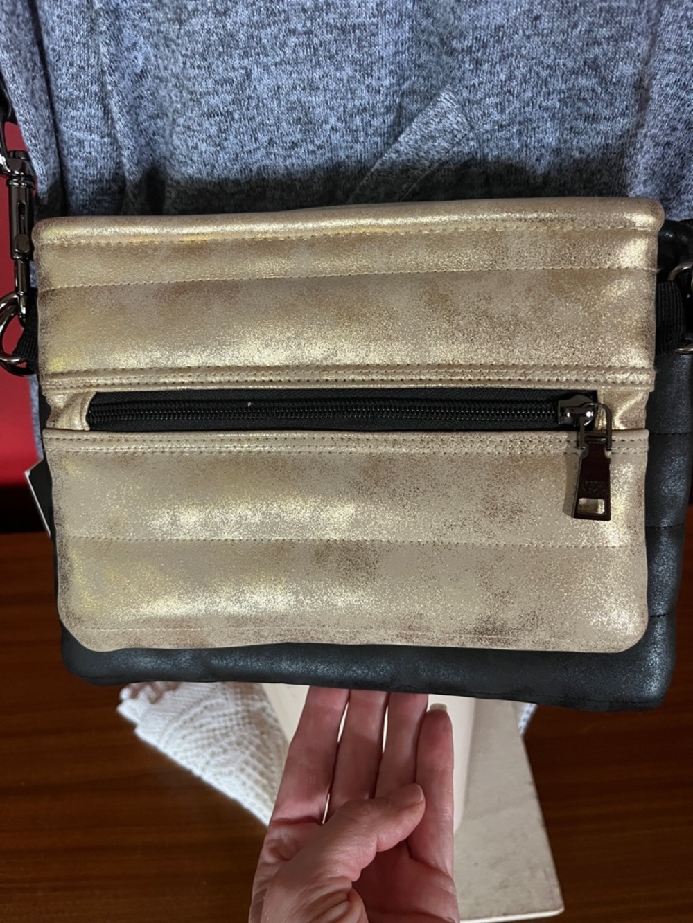 New Think Royln Gold and Black Crossbody Bag with Striped Guitar Strap - Picture 3 of 16
